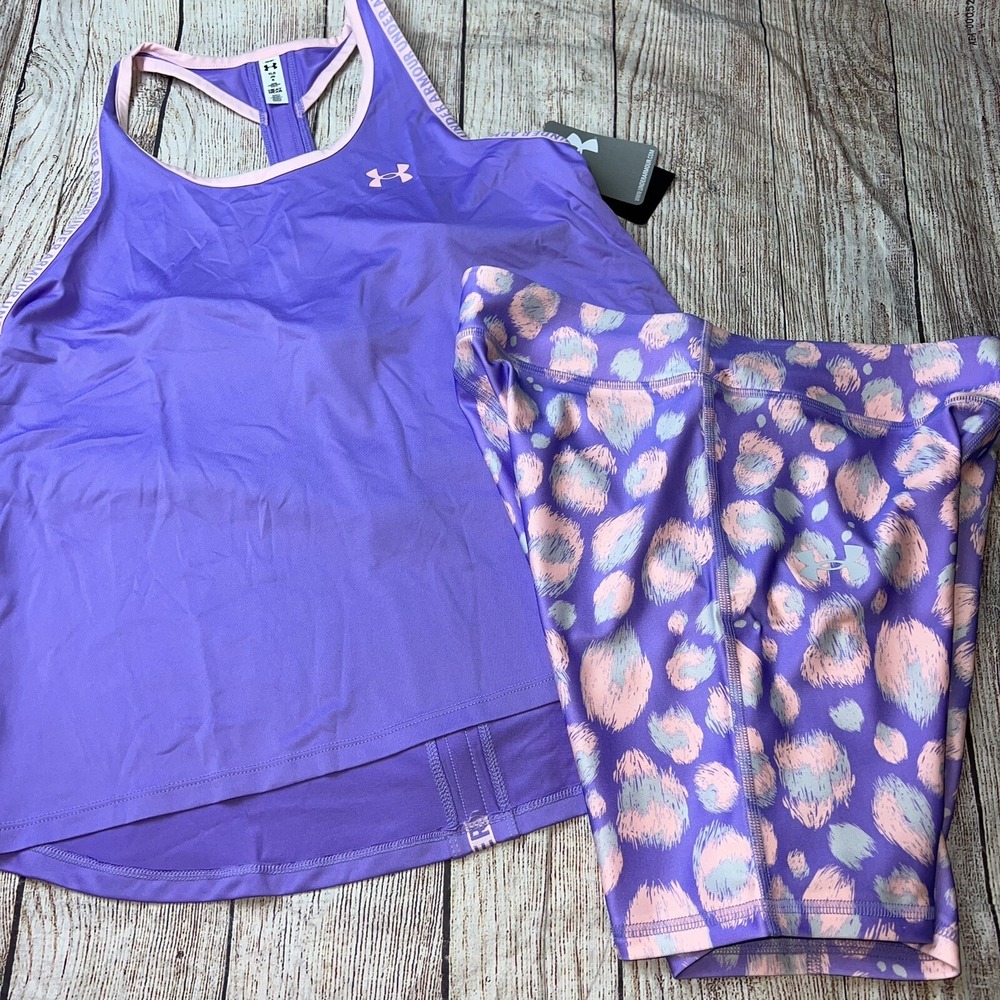 Under Armour Youth Large (14/16) Purple Peach Tank Leopard Bike Short Outfit NEW